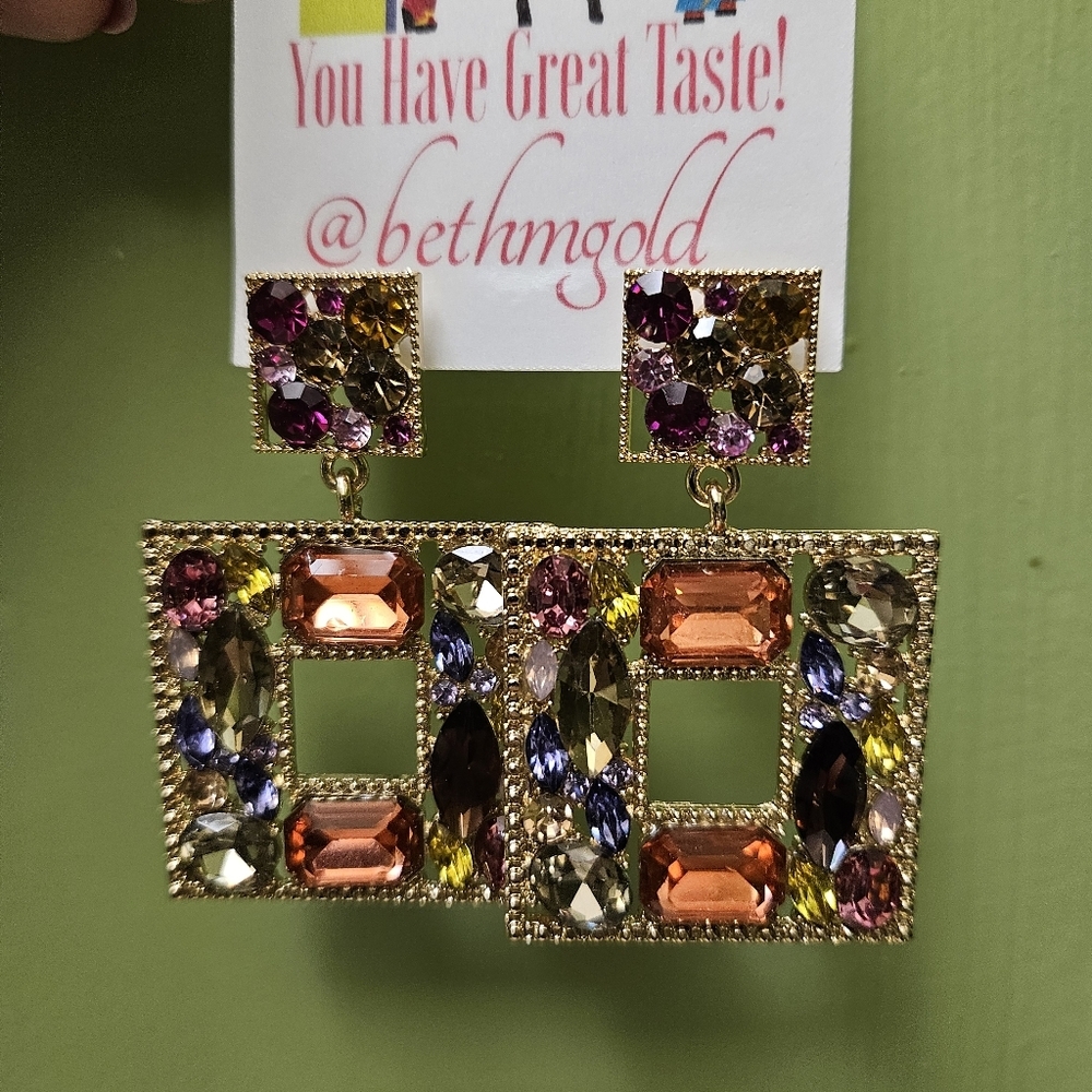 Orange/Multi-Color Rhinestone Geometric Statement Earrings